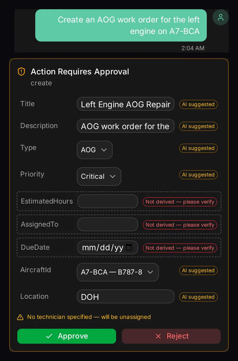 Meridian’s chat panel showing an Evidence Card for a new AOG work order, each field carrying a provenance badge, with Approve and Reject waiting for a human.